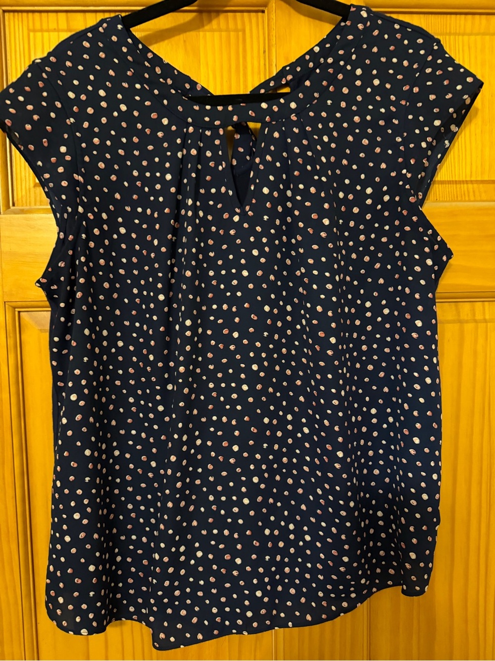 Navy Cap-Sleeve Polka Dot Blouse with Keyhole